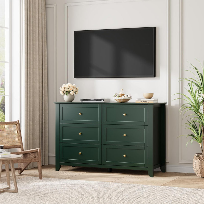 Commode 6 tiroirs pour chambre à coucher, grande commode avec tiroirs profonds et boutons en métal, Vert
