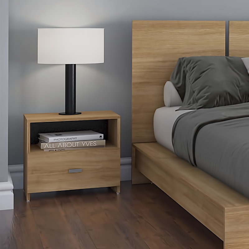 Plateforme Zen Omega - Lit avec tête de lit et tables de chevet (2) - Assemblage facile, aucun sommier requis, Beige
