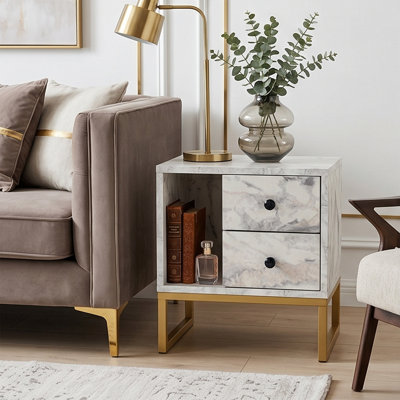 Metal Legs Marble Style Nightstand