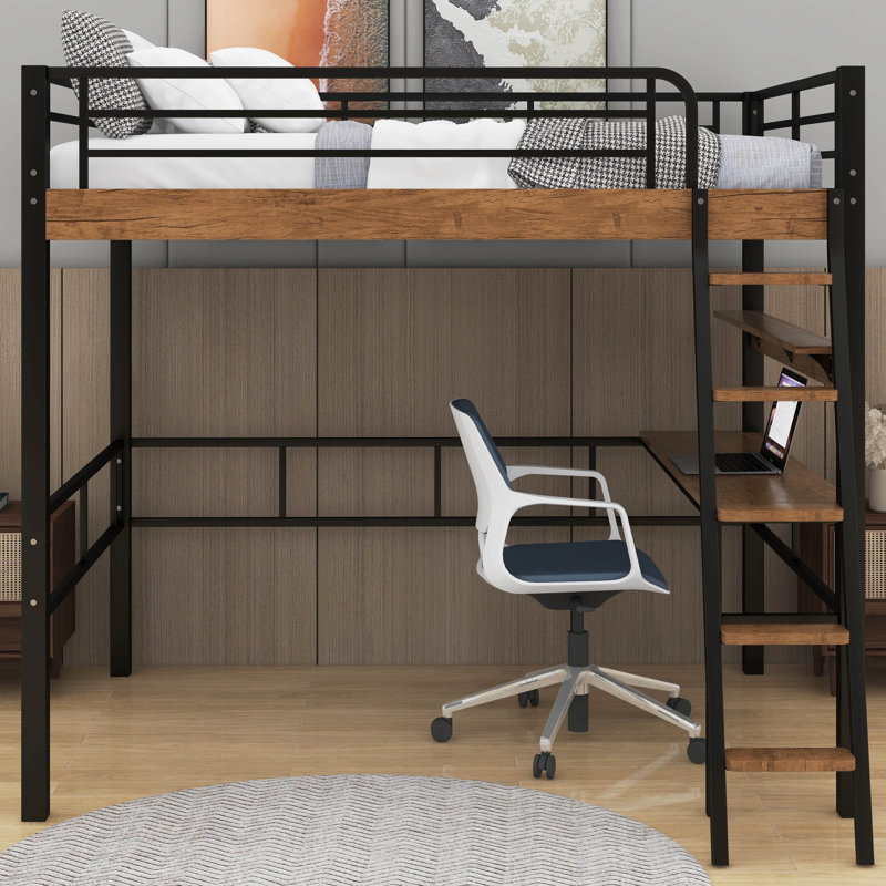 Lit mezzanine en métal avec bureau intégré et tablette Marthvale, Double