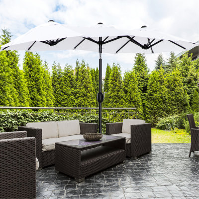 Double parasol de patio 9,5 pi - marché extérieur suffisant avec bouton-poussoir inclinable et manivelle, 3 bouches d'aération, 12 nervures pour le jardin, la terrasse, la piscine, l'inclinaison enchanteresse blanche, les évents et la terrasse de jardin