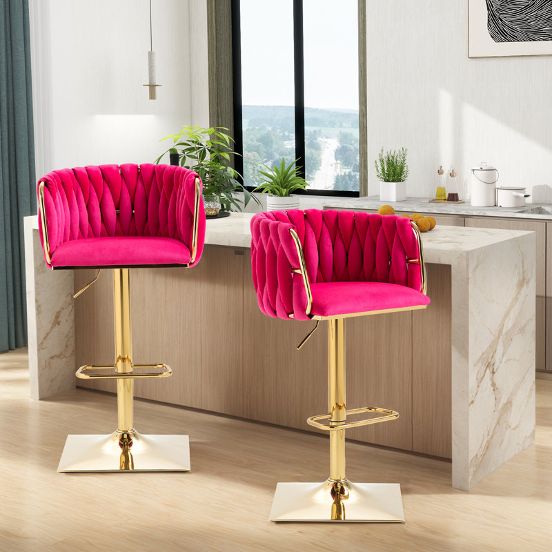 Swivel Adjustable Height Bar Stool with Golden Base, Rose Carmine Velvet