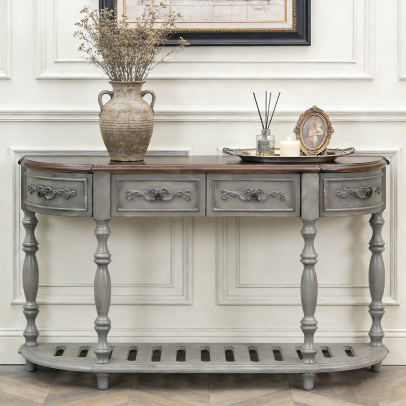Console courbée avec 4 tiroirs et 1 tablette, polyvalente pour le couloir et le salon, Gris