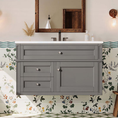 Meuble-lavabo mural 36 po avec 2 tiroirs, tiroir escamotable, lavabo simple en céramique et conception flottante moderne