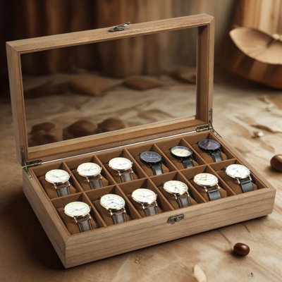 Solid Wood Watch Box for 12 Watches, Watch Case with Soft Pillows and Velvet Lining, Display Case with Glass Lid, Watch Organizer and Jewelry Storage, Gift Idea for Watch Lovers