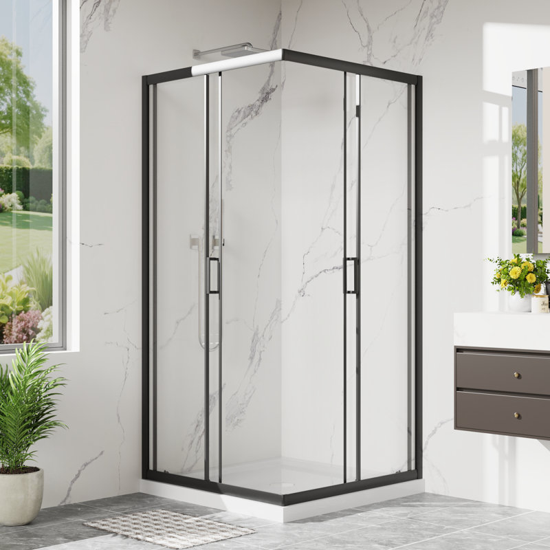 Cabine de douche de coin coulissante à cadre 36 po x l 36 po x H 72 po avec verre trempé transparent de 1/5 po, cadre en aluminium, joint magnétique, base non incluse
