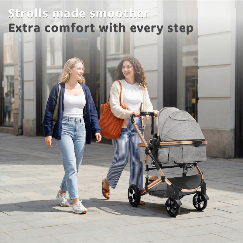 Convertible Baby Stroller, Folding High Landscape Infant Carriage, Adjustable Canopy, Diaper Bag, Anti-Shock, Gray/Gold