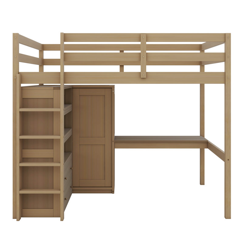 Lit mezzanine double en bois avec bureau, lit robuste avec garde-robe intégré, tablettes de rangement et tiroirs, Noyer