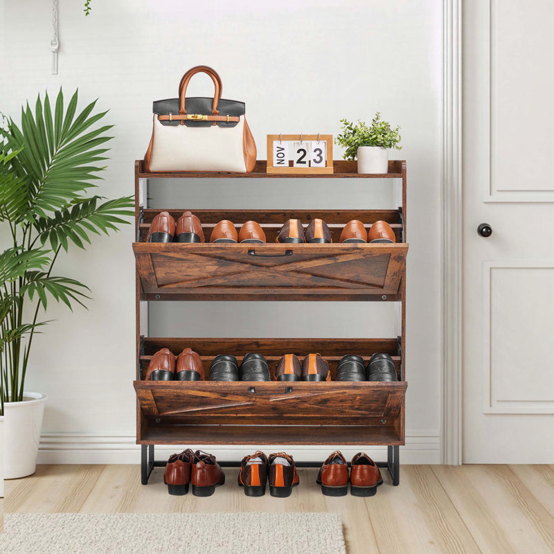 Armoire à chaussures Farmhouse avec 2 tiroirs rabattables et tablettes réglables, brun