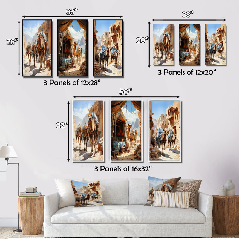 «Asian Art Silk Road», 3 pièces sur toile, H 20 po x l 36 po, Toile tendue