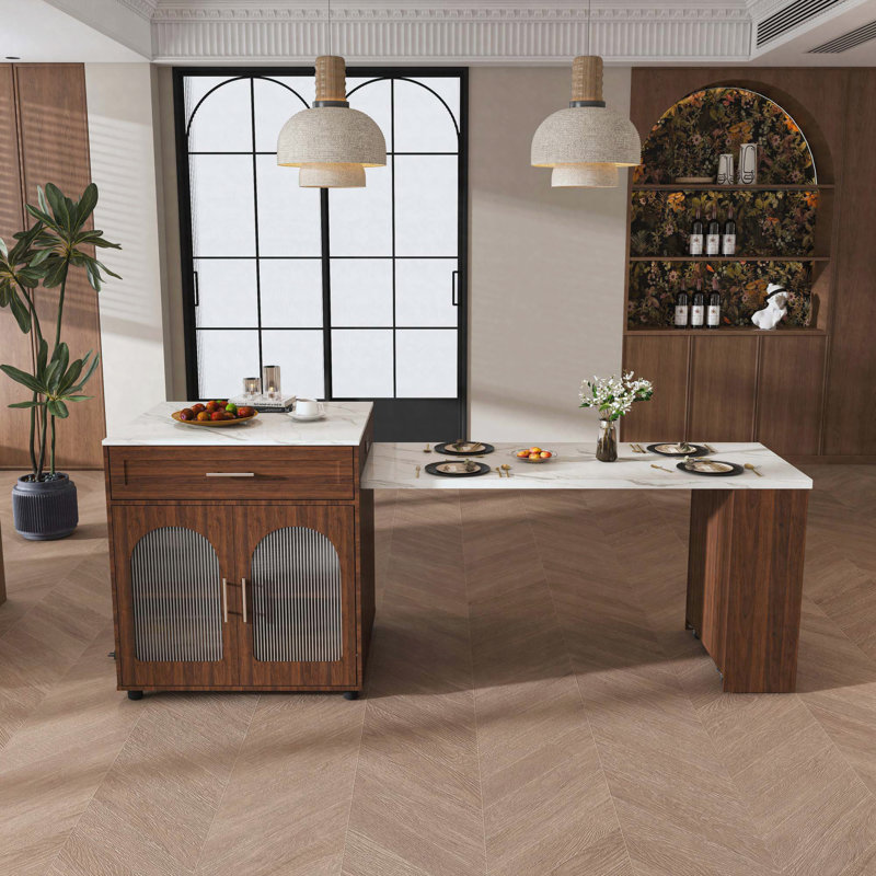 Îlot de cuisine de 80 pouces avec table de salle à manger, comptoir en grain de marbre avec prise de courant, chariot de rangement mobile avec armoire et 2 tiroirs, table de préparation de cuisine à finition noyer