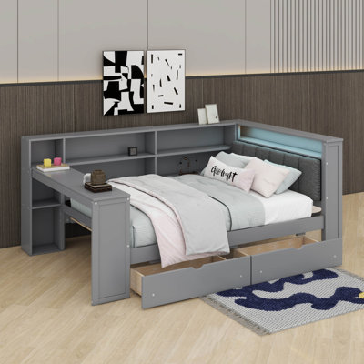 Wood Full Size Platform Bed With Storage Shelves And Drawers, Built-In Desk,Upholstered Headboard