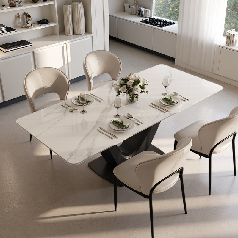 Table de salle à manger rectangulaire de luxe 71 po - Plateau en faux marbre avec base en acier au carbone en forme de V noir, table de cuisine contemporaine pour salle à manger