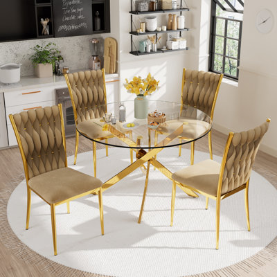 Velvet Dining Chairs Set - Woven Dining Room Chairs with Metal Legs- Modern Upholstered Accent Chair for Dining Room, Kitchen, Vanity, and Living Room