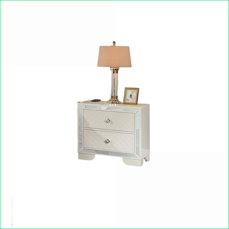 Table de chevet en bois crème de luxe classique avec 2 tiroirs Panneau de miroir
