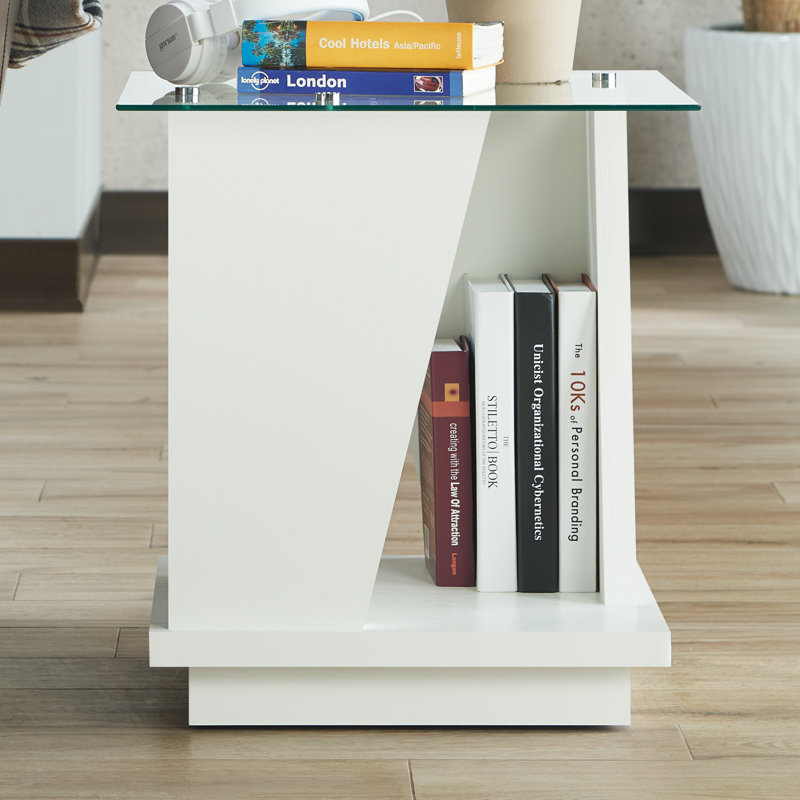 Glass Top Floor Shelf End Table, White