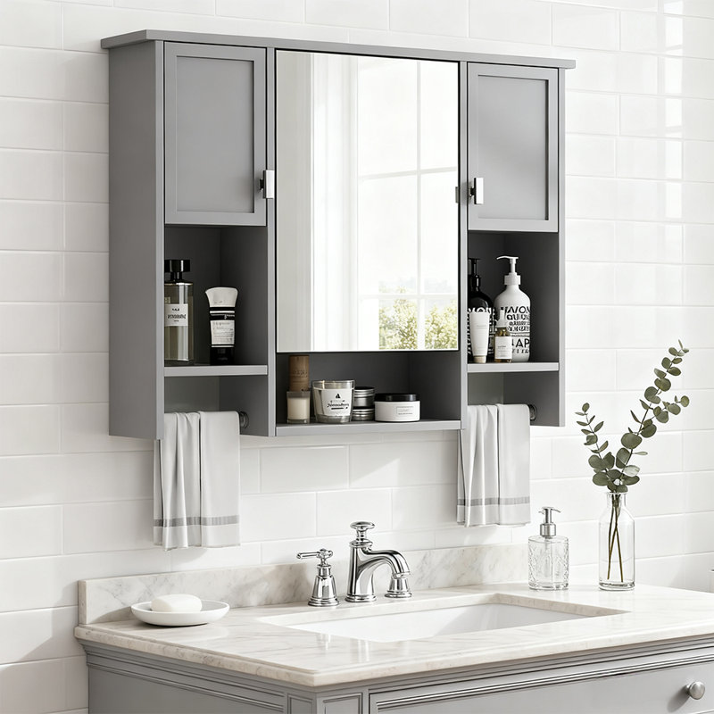 Armoire à pharmacie encastrée avec miroir et tablettes réglables et barre à serviettes, Gris