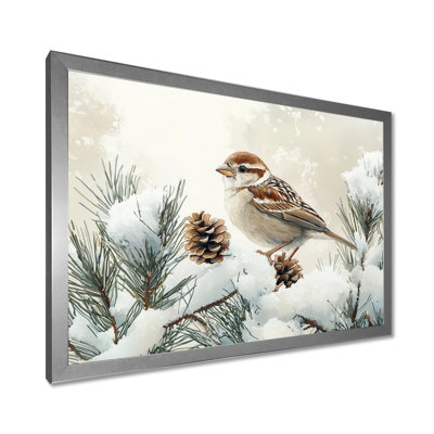 «Sparrow Bird In The Winter Pines I», art mural sur toile