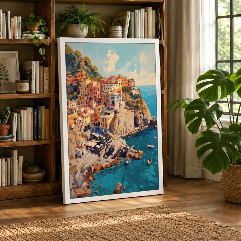 Clifftop Mediterranean Village Coastal - Wrapped Canvas, 18x12 - 45.7 x 30.5 cm, Cream Border