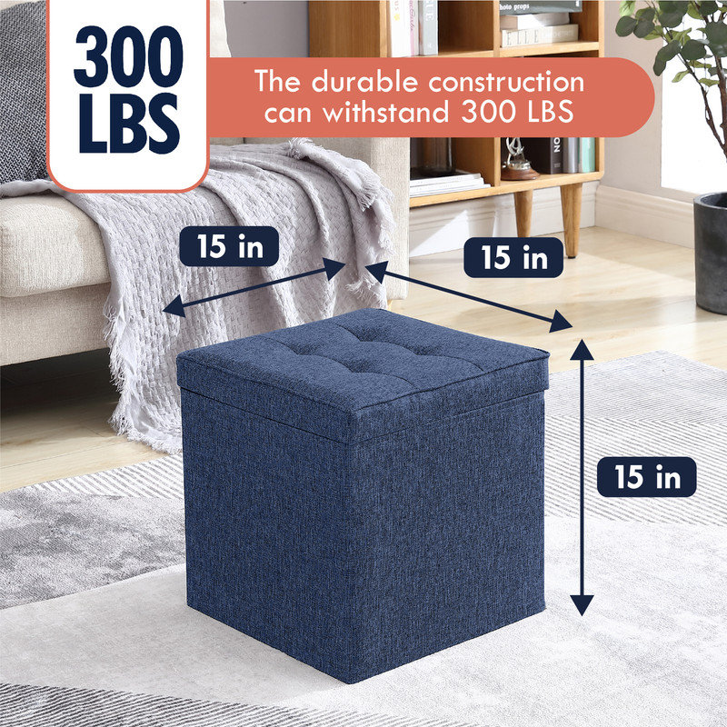 Hilsa Upholstered Ottoman, Navy Blue Linen Blend