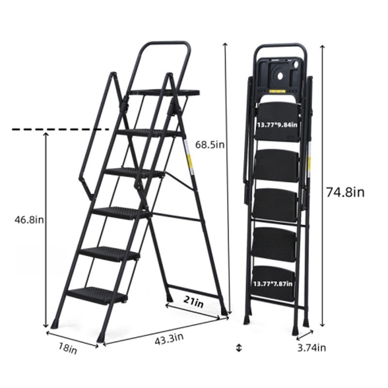 Échelle à 5 marches, escabeau pliable avec plateau à outils et larges pédales antidérapantes, échelle en acier robuste, mains courantes pratiques, escabeau en acier portable léger