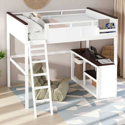 Grand lit mezzanine avec bureau, tablette ouverte et boîte de rangement, station de recharge USB