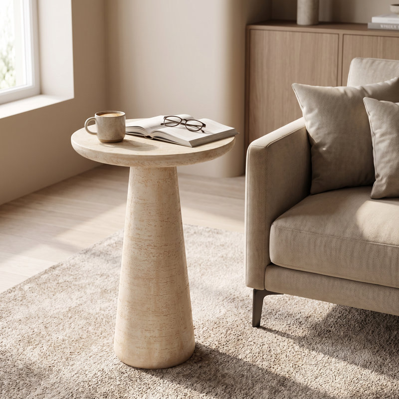 Table d'appoint d'extérieur Edrin Modern MGO en travertin texturé, avec plateau rond et base conique