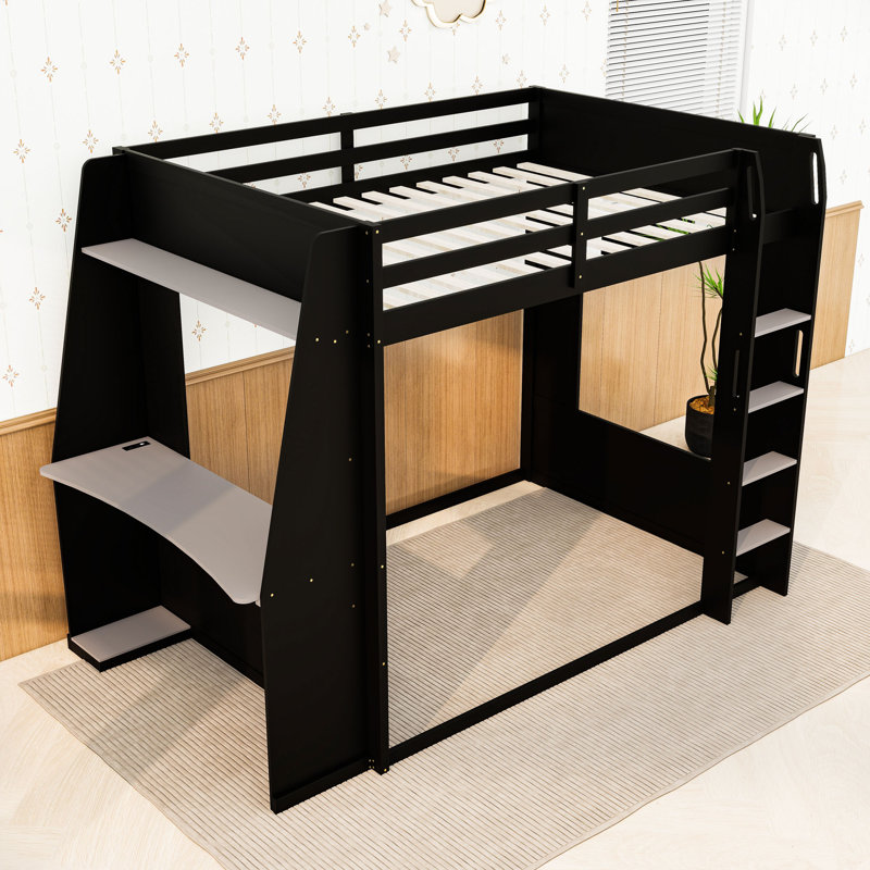 Lit superposé grand sur grand avec bureau intégré, port USB et éclairage DEL, Black Gray