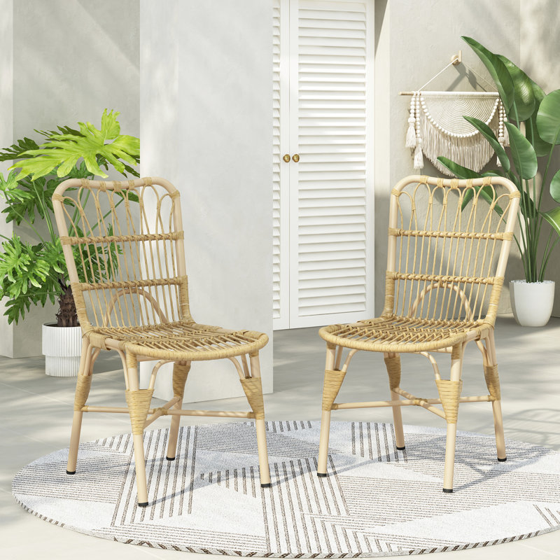 Chaise d'extérieur 2 pièces - construction en fer, conception tissée, capacité de charge de 400 lb, assemblée, facile à nettoyer pour la structure des chaises de salle à manger près de la piscine et dans la cour, tissage naturel, patio de jardin entièrement entretenu