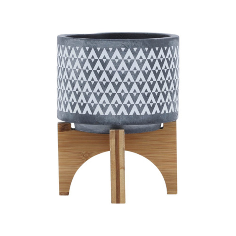 CERAMIC AZTEC PLANTER ON WOODEN STAND, GRAY, 6" H x 5" W x 5" D