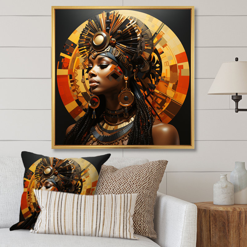 Élégance d'une femme tribale africaine - Masque africain, H 36 po x l 36 po x P 1,5 po, Cadre flottant doré