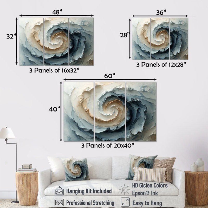 Ensemble de salon bleu et blanc Spiraling Profondeurs - Spirales abstraites, Toile tendue, H 28 po x l 36 po x P 1 po