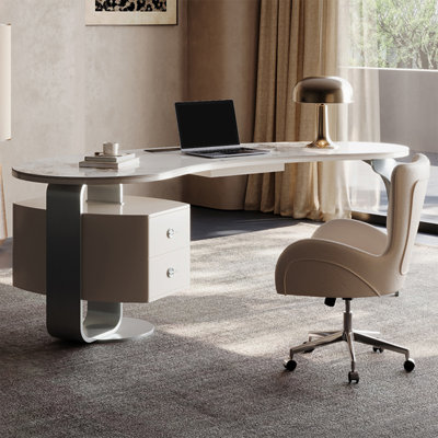 White Rectangular Manufactured Wood with 3 drawers desk