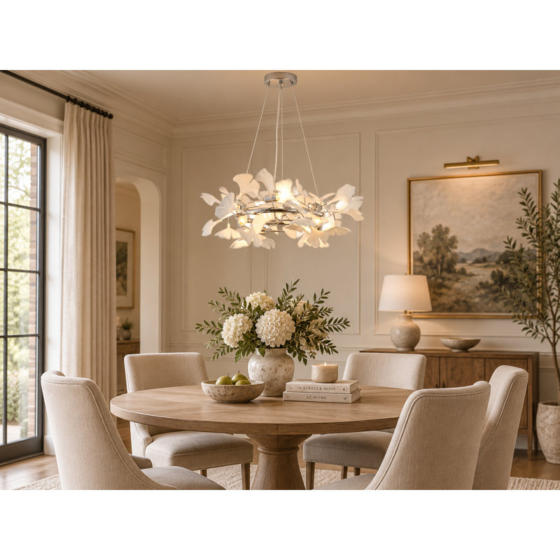 Lustre transitionnel 8 feuilles en acrylique blanc, Chrome