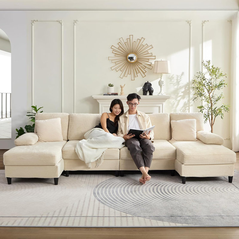 Ebern Designs U Shaped Sectional Sofa Couch With Double Chaises, Sectional Couches For Living Room With 2 Pillows, 4 Seater Corduroy Sofa Set Living Room Furniture-blackish
