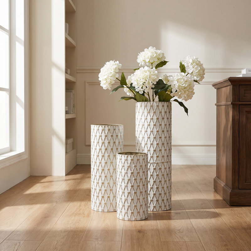 Vase de sol décoratif haut en métal texturé géométrique à motif losanges, lot de 3