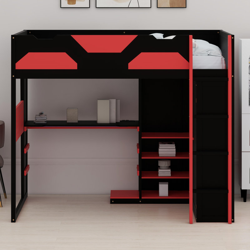 Smart Loft Bed Featuring Built-In Workspace, Organizational Shelves, USB Charging & Customizable RGB Lights, Red