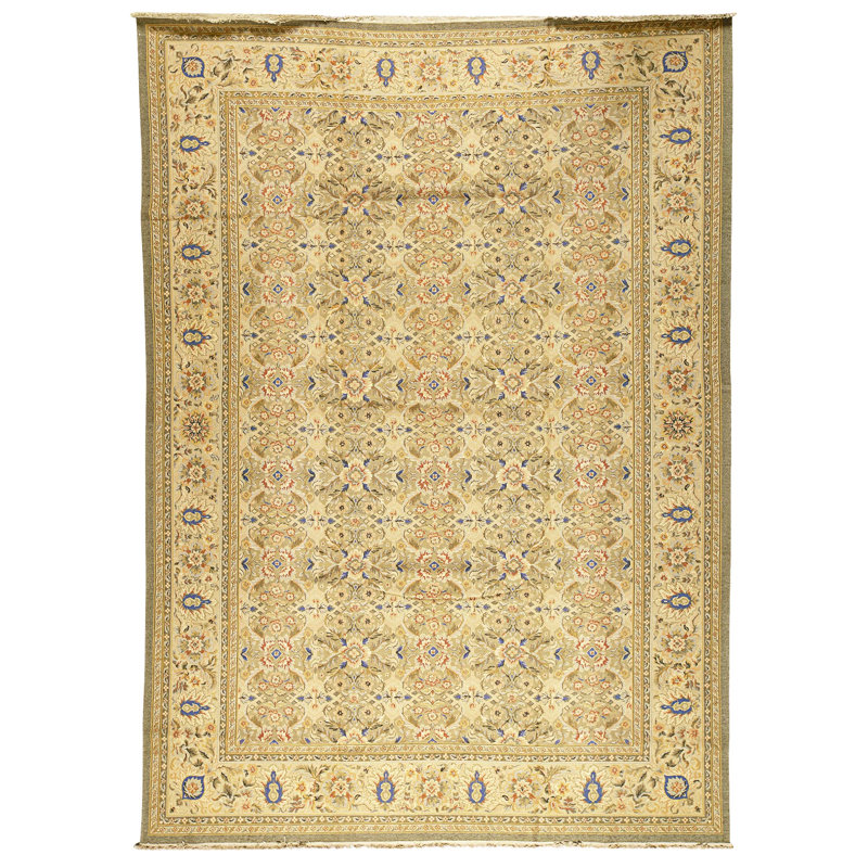 Tapis vert et beige noué à la main de haute qualité
