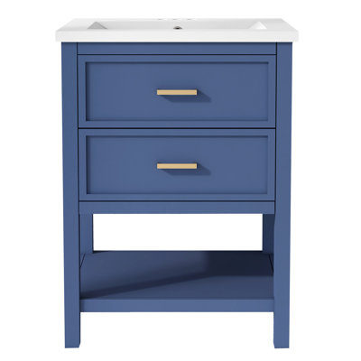 Meuble-lavabo bleu avec lavabo en céramique, armoire de rangement moderne à 2 tiroirs, parfait pour les petits espaces