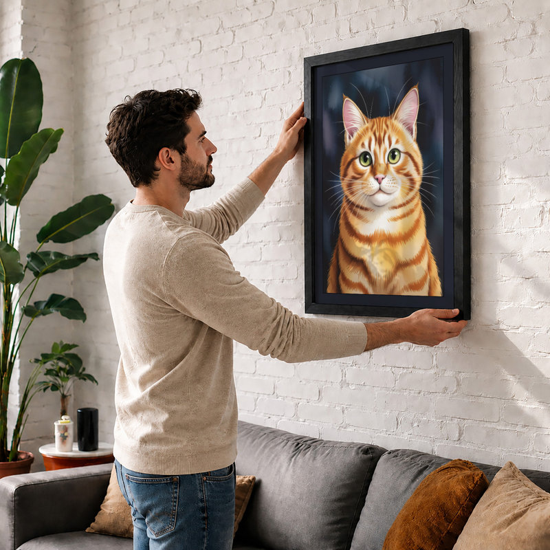 Alert Tabby Modern - Framed Print, A2 - 59.4 x 42.0 cm, Walnut