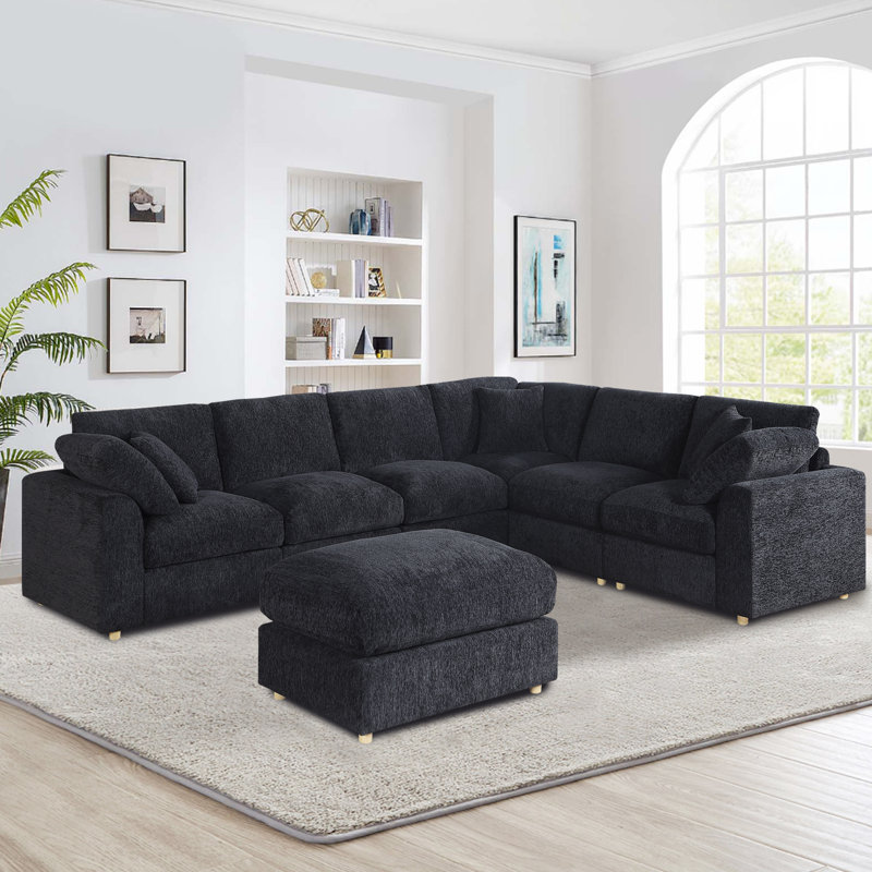  128" Modular Chenille Sectional Sofa with Zippered Cushions, Ottoman & 5 Pillows, 6-Seat Reconfigurable Sofa Set in Gray