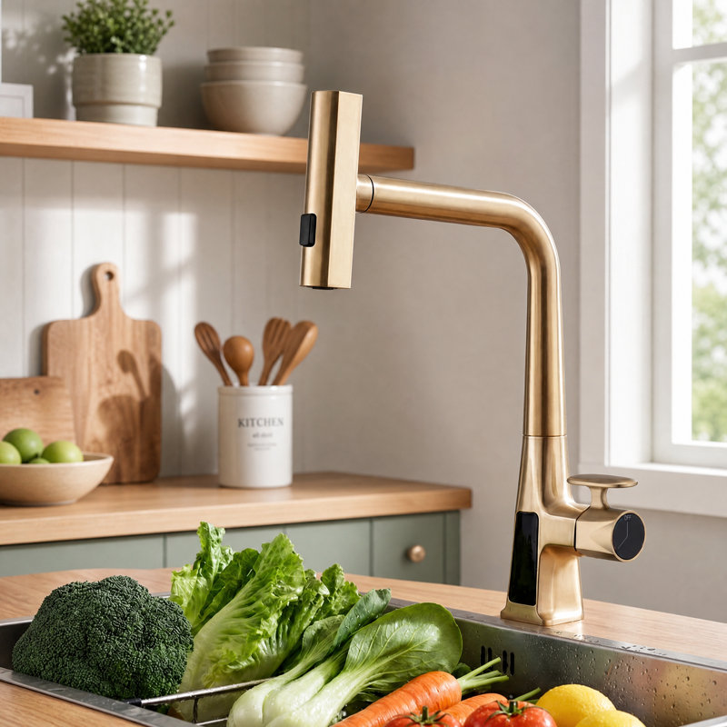 Robinet de cuisine avec douchette extractible, poignée unique à effet cascade avec affichage de la température et 3 modes de débit
