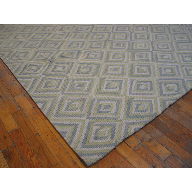 Tapis bleu / olive en laine tissé à plat à la main de conception unique 8 pi x 10 pi