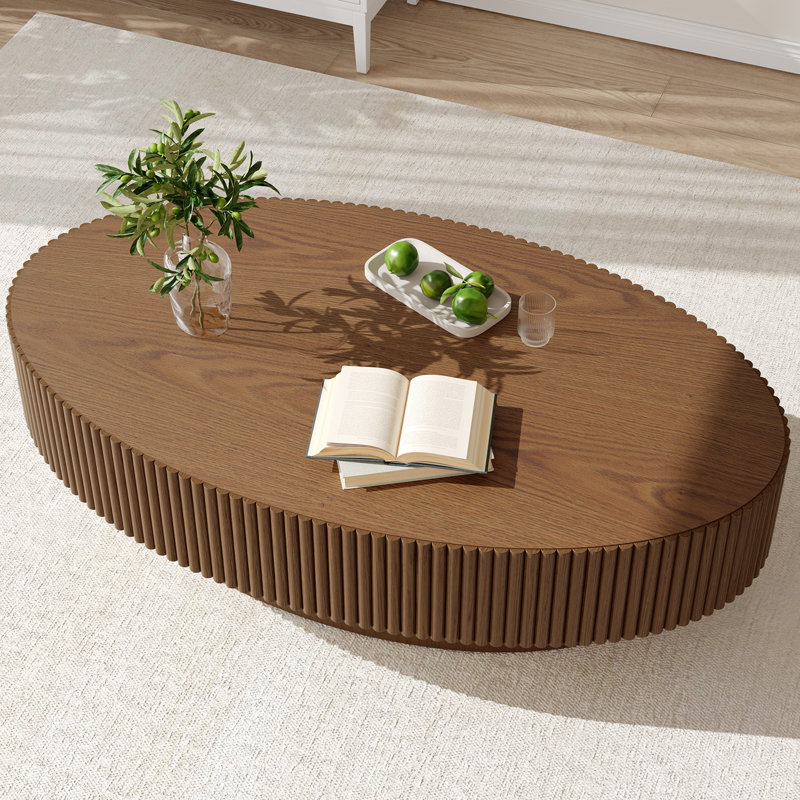44.4" Solid Wood Oval Coffee Table with Fluted Design  , Brown