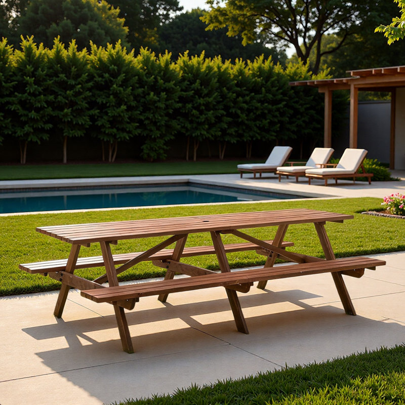 12-person Wooden Patio Table With Benches And Umbrella Hole