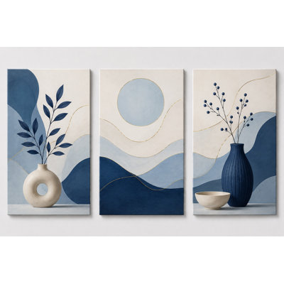 Très grand ensemble de 3 vases botaniques bleus, reproductions d'art sur toile abstraites modernes pour la cuisine de la salle à manger, impression sur toile 24 x 36 pouces - prête à être accrochée