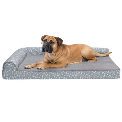 Plush Fur & Almond Print Memory Top Deluxe L-Chaise Sofa Pet Bed