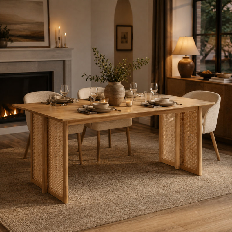 Table de salle à manger rectangulaire Vonnie de 180 cm (70,87 po) en bois d'hévéa avec accents en rotin tressé, table de cuisine et de salle à manger pour 6 personnes, capacité de 363 kg (800 lb)