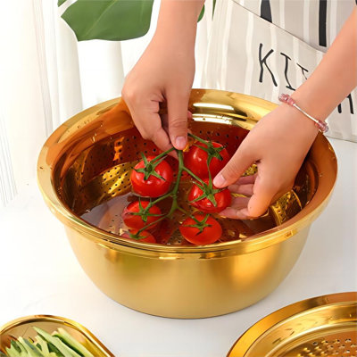 3PC/Set Colander Set Stainless Steel Vegetable Slicer Fruit Potato Peeler Carrot Grater Strainer Utensil Round Rice Washer Bowl Drain Basket-Gold -  MARLIN MANUFACTURING COMPANY, INCORPORATED, ZXB088ZZ1V35