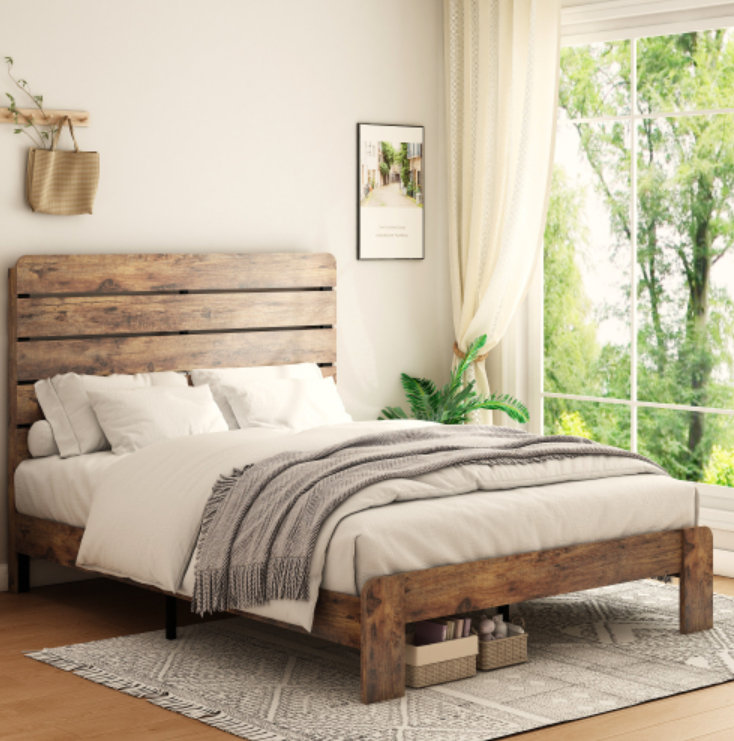 Cadre de lit grand, cadre de lit plateforme en bois, silencieux, aucun sommier nécessaire et outil d'assemblage facile, grand rangement sous le lit, brun foncé